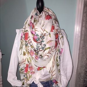 White and Floral Patterned Scarf